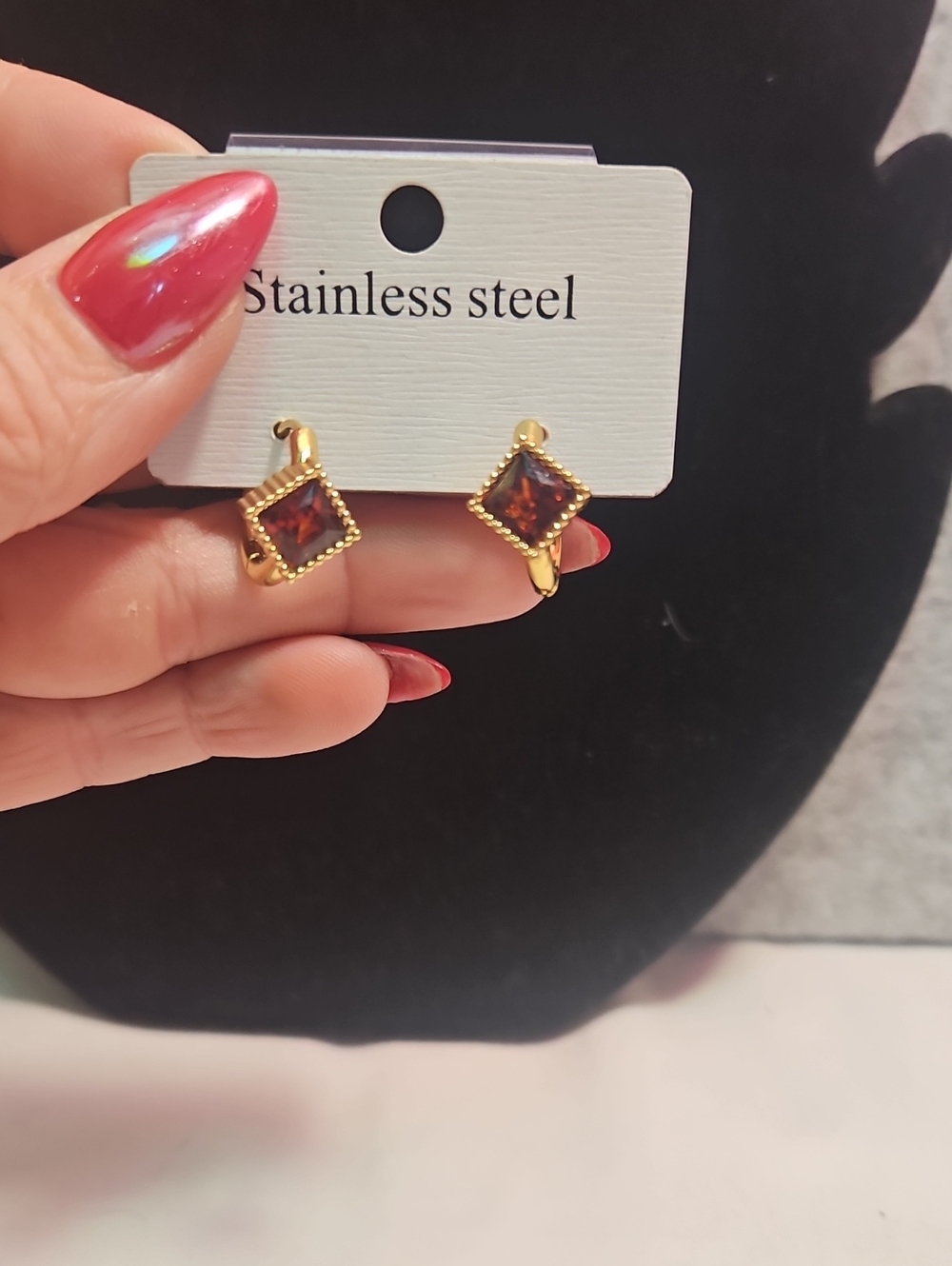 Gold Stainless Steel Square Garnet-Style Stud Earrings - Women Jewelry